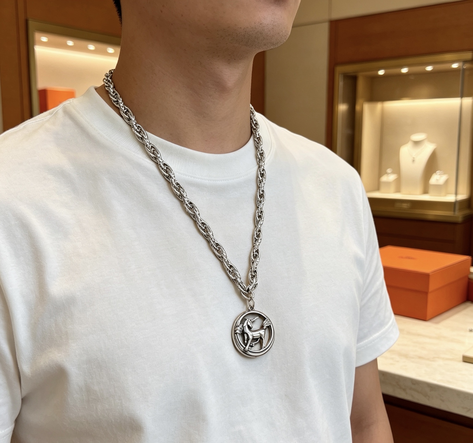 エルメス ピッグノーズ チェーンネックレス ラウンドメダリオンペンダント シルバー 詳細画像 3