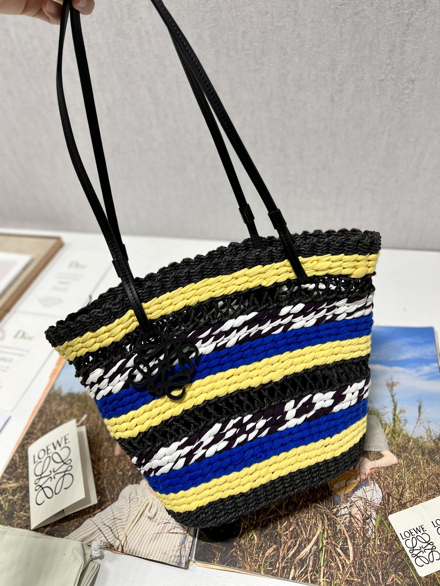 ロエベ エレファントグラス バスケット トートバッグ ブラック イエロー ブルー 詳細画像 2