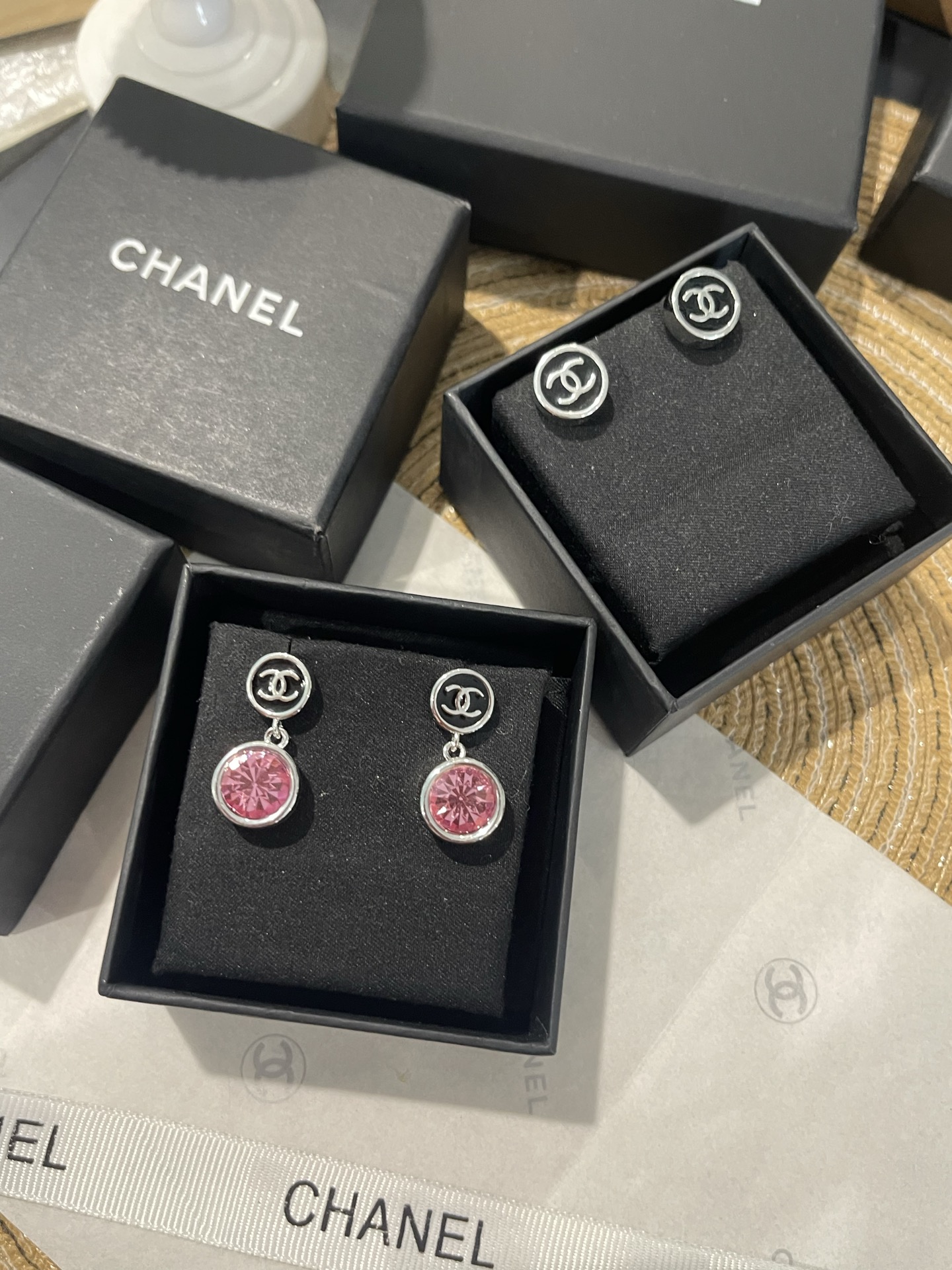 シャネル 26A シルバー 光沢 ダブルC ピンククリスタル ドロップピアス 詳細画像 1