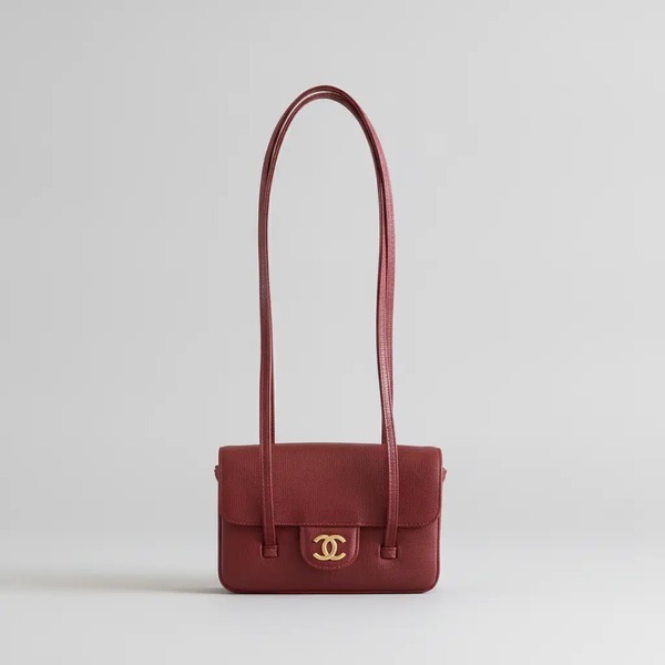 シャネル 26P Preppy Coco ライチ型押しカーフスキン ショルダーフラップバッグ バーガンディ 6130S35