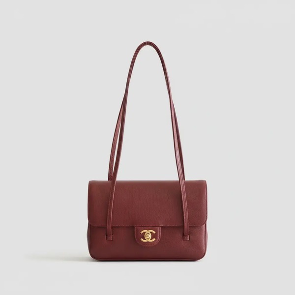 シャネル 26P Preppy Coco シボ革カーフスキン ミニ フラップ ショルダーバッグ バーガンディ 6130S35
