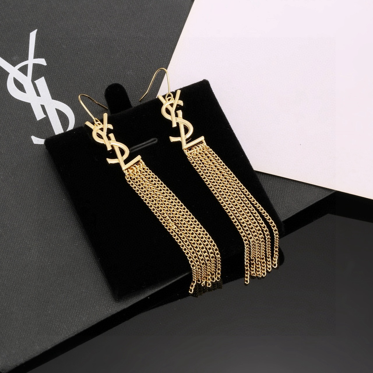サンローラン YSL ロゴ タッセルチェーン ピアス ゴールド 詳細画像 1