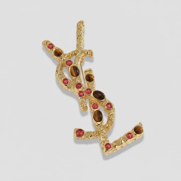 サンローラン YSL ロゴ ブローチ ゴールド ピンク アンバー