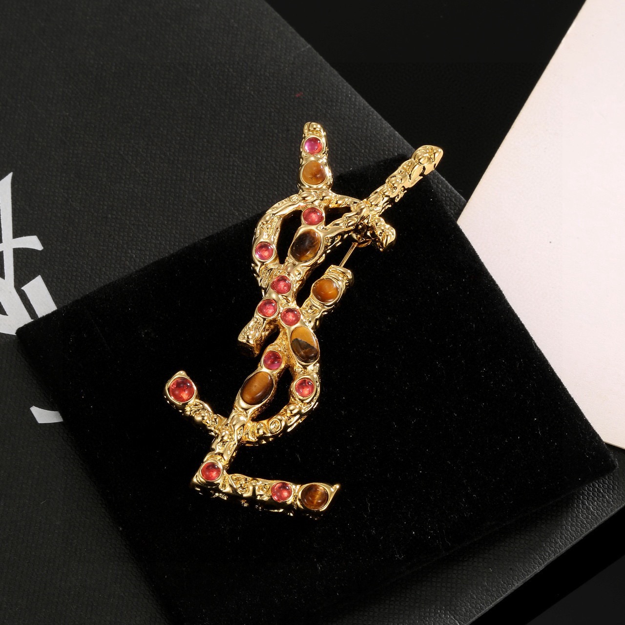 サンローラン YSL ロゴ ブローチ ゴールド ピンク アンバー 詳細画像 2