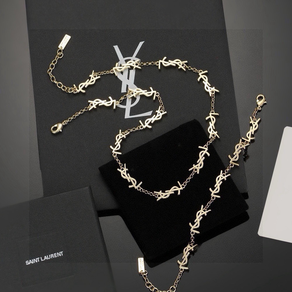 サンローラン YSL モノグラム ステーション チェーン ネックレス ブレスレット 真鍮 ゴールド 詳細画像 3