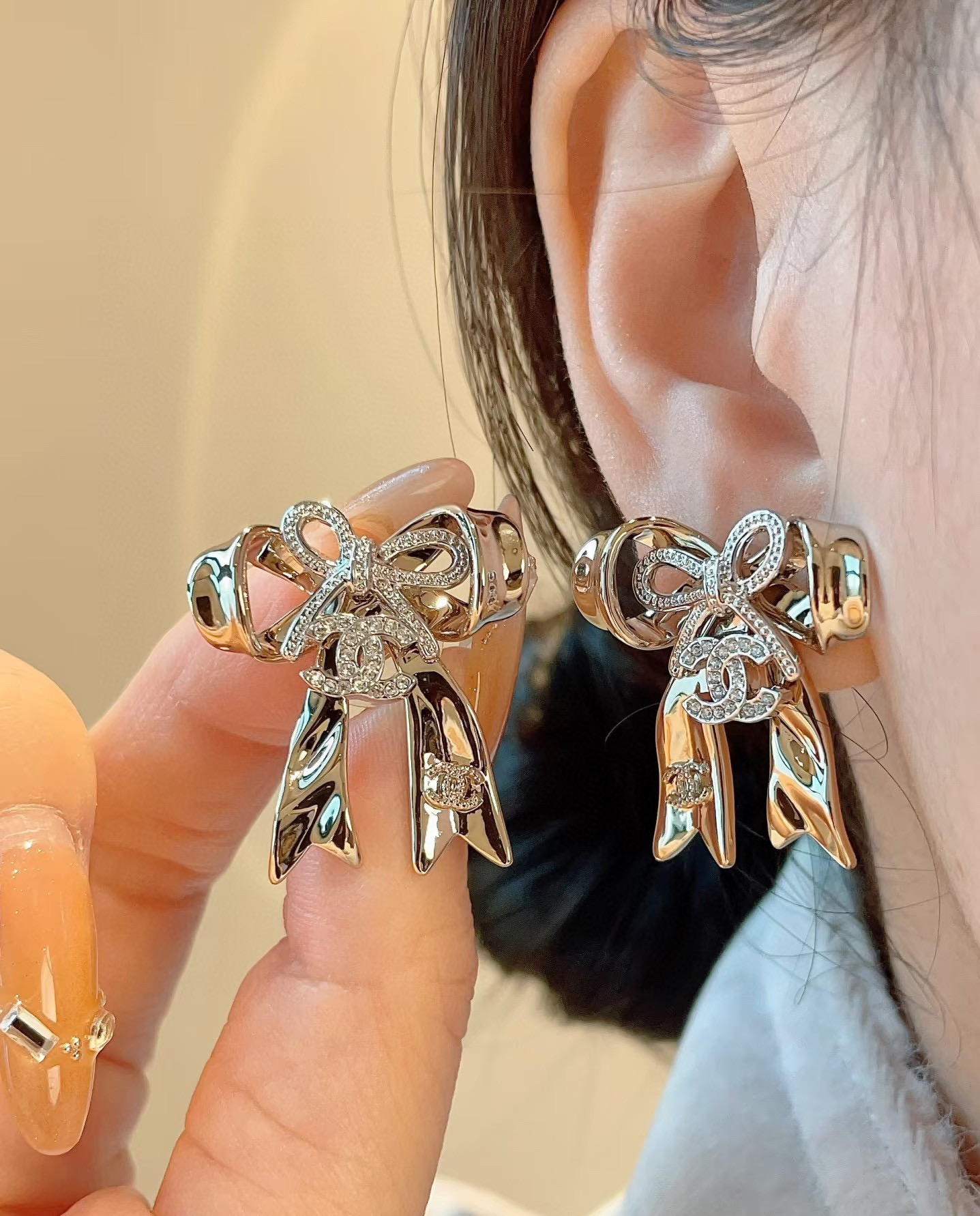 シャネル クラシック 2トーン リボン ピアス ゴールド シルバー 詳細画像 1