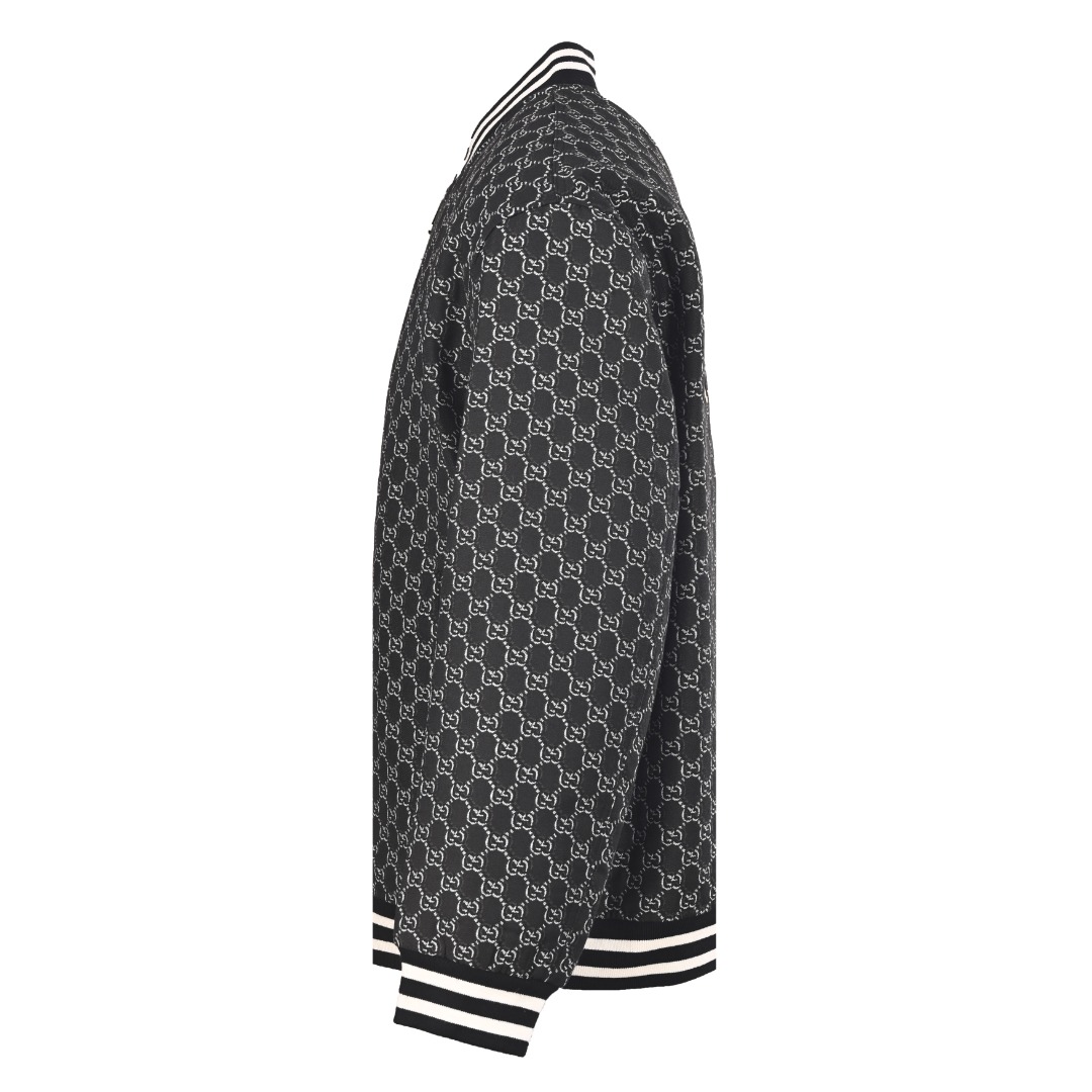 グッチ モノグラムジャカード ストライプ バック刺繍ワッペン ベースボールジャケット ブラック 詳細画像 2