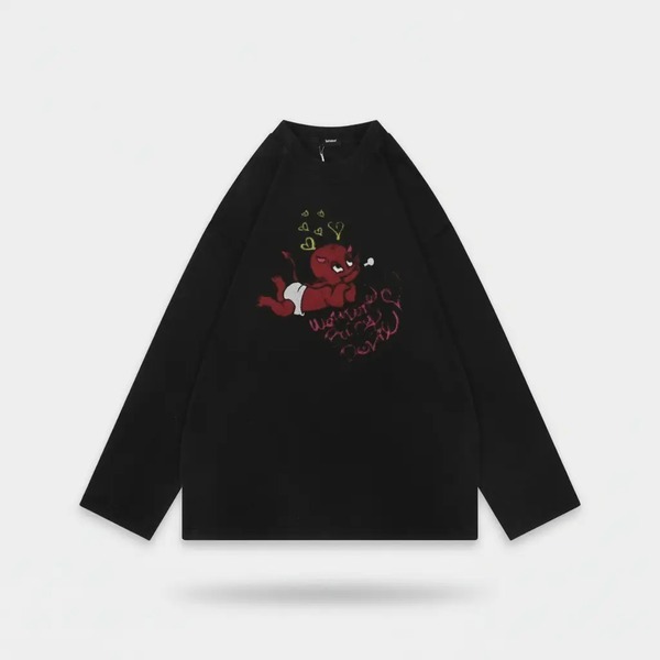 ウェルダン 小悪魔プリント ロングスリーブTシャツ ブラック