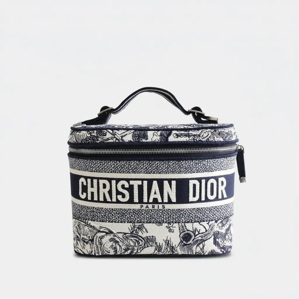 ディオール Travel バニティケース トワル・ドゥ・ジュイ刺繍キャンバス ネイビー×ホワイト