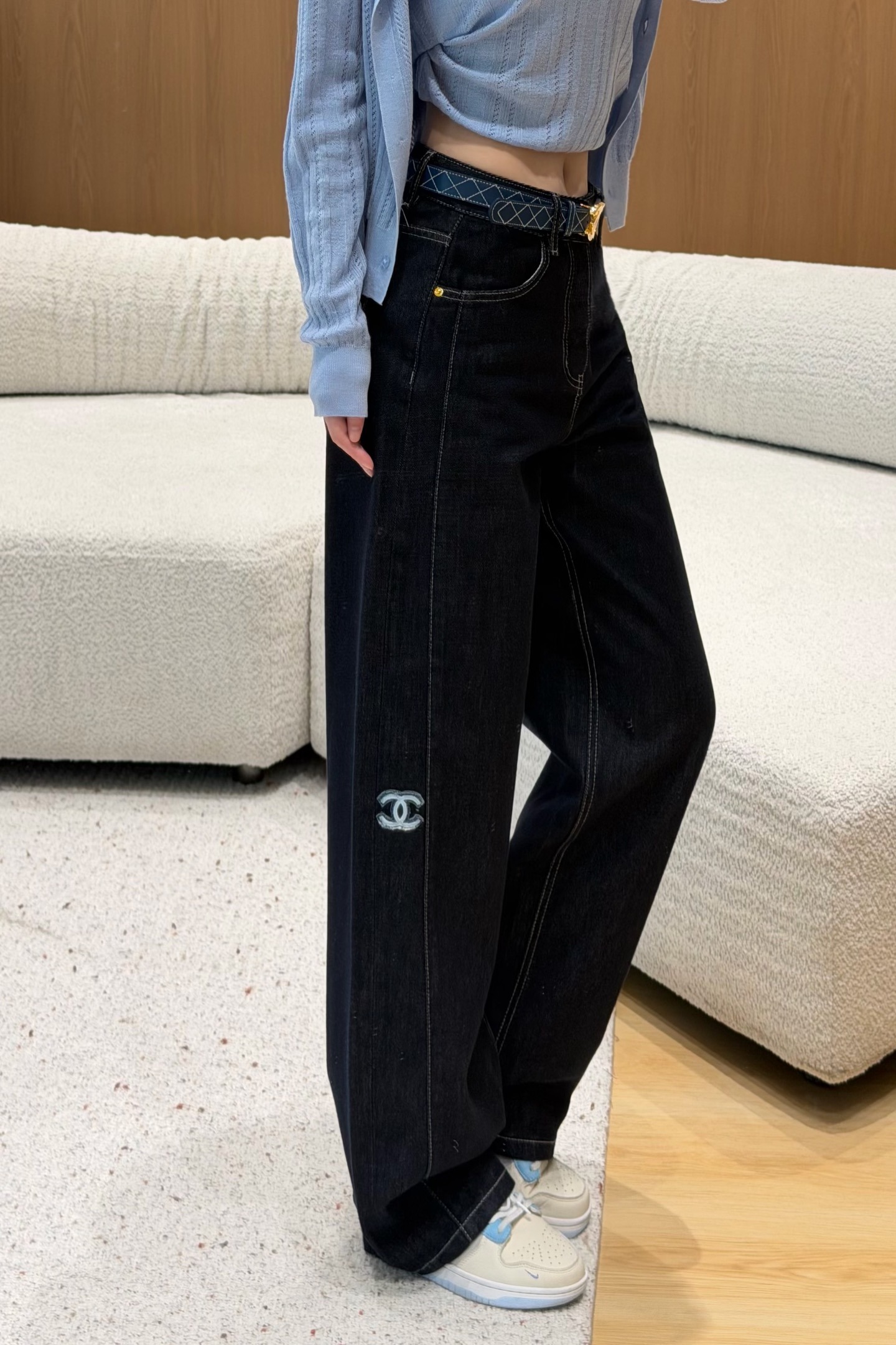 パネル切り替え ワイドデニムパンツ ダークブルー
