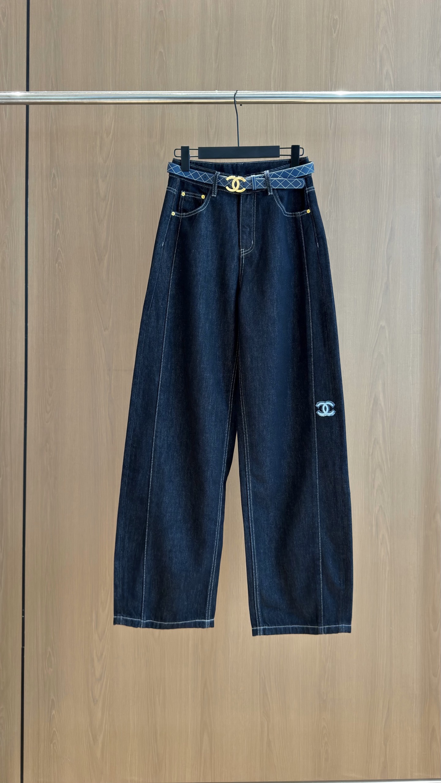 パネル切り替え ワイドデニムパンツ ダークブルー 詳細画像 1
