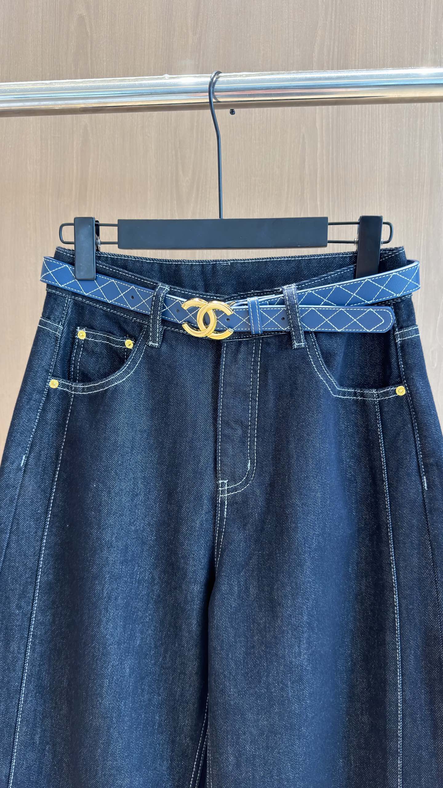 パネル切り替え ワイドデニムパンツ ダークブルー 詳細画像 3