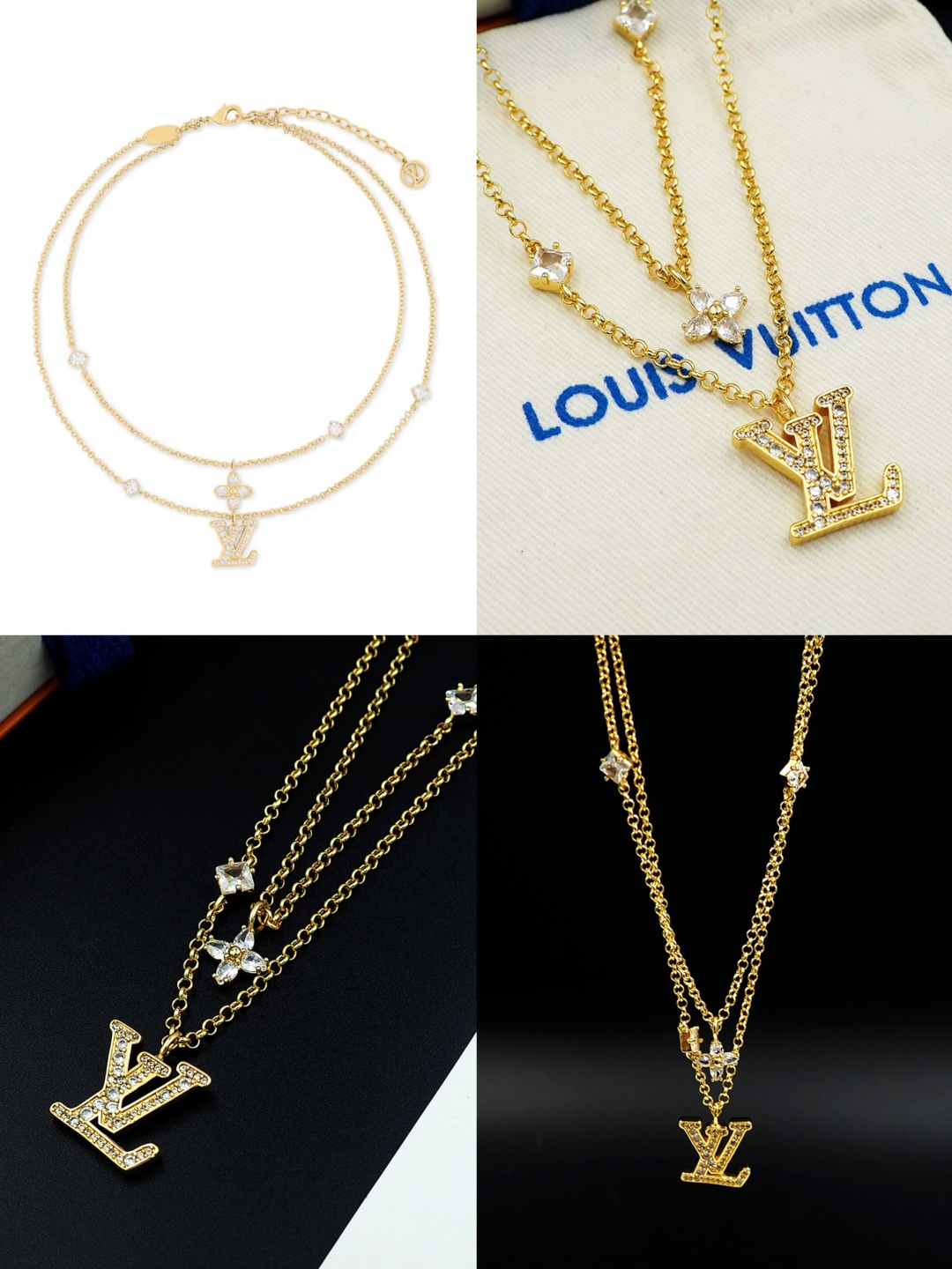 ルイ・ヴィトン LV モノグラムフラワー ダブルチェーン ネックレス ゴールド 詳細画像 1