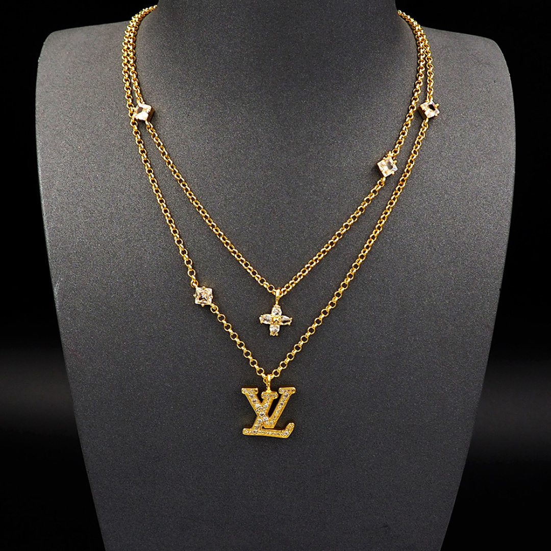 ルイ・ヴィトン LV モノグラムフラワー ダブルチェーン ネックレス ゴールド 詳細画像 2