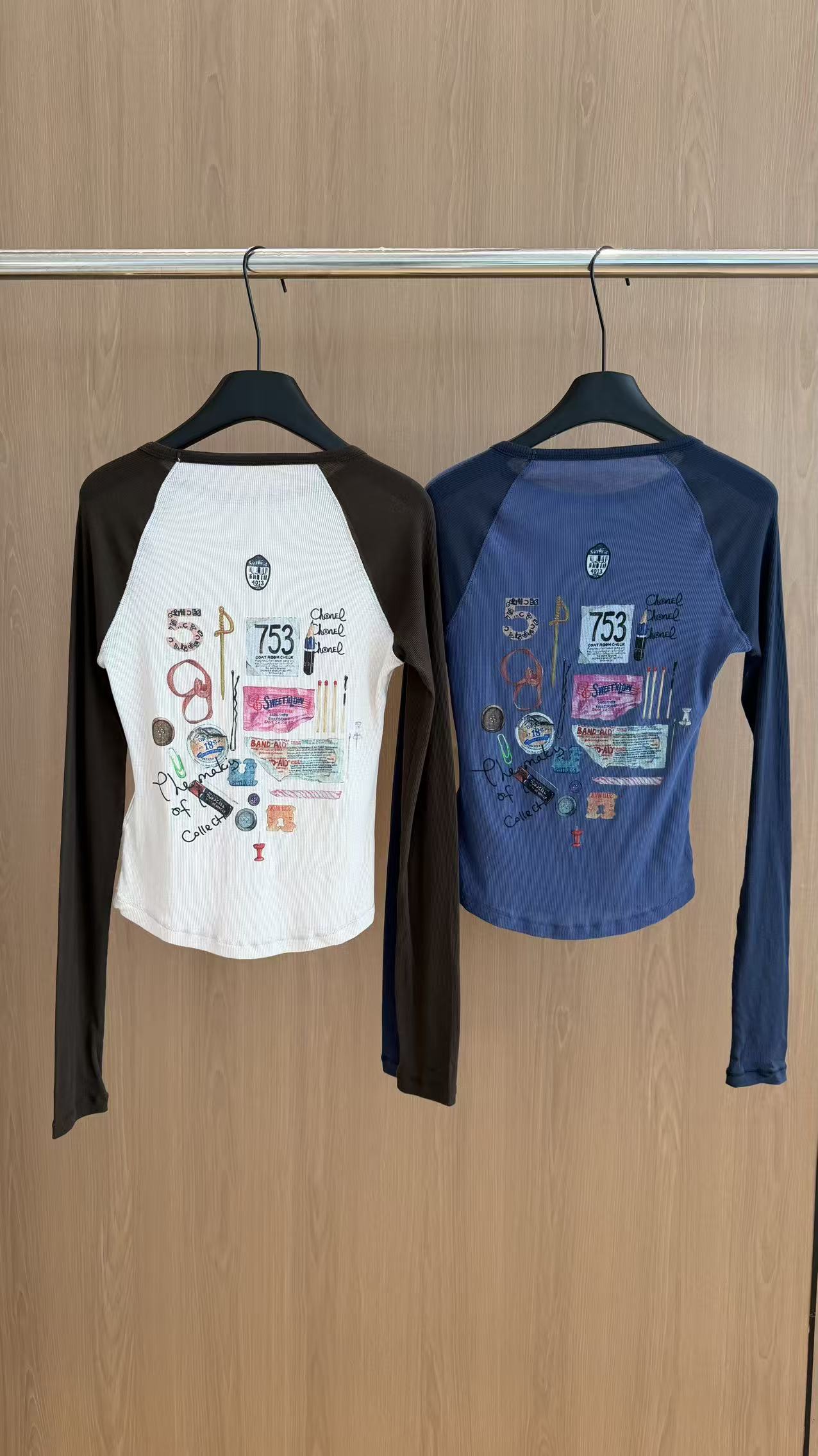 配色ラグランスリーブ プリント長袖Tシャツ ブルー／ブラウン 詳細画像 2