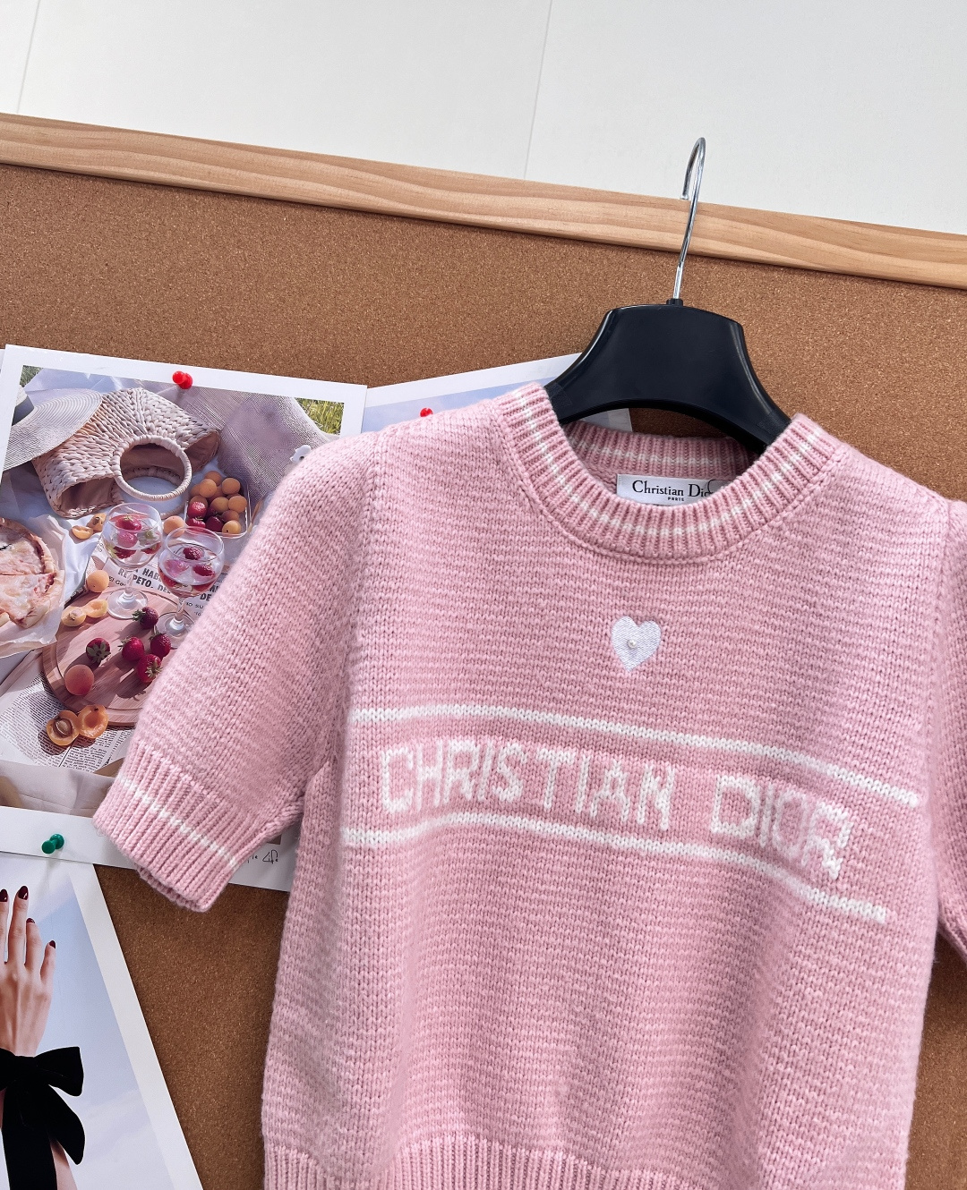 ディオール ハート刺繍 ショートスリーブ ニットトップス ピーチピンク 詳細画像 3