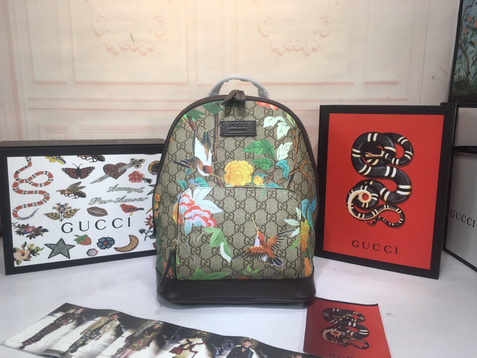 グッチ GG フラワー＆バードプリント スモール バックパック ベージュ ブラウン 詳細画像 1