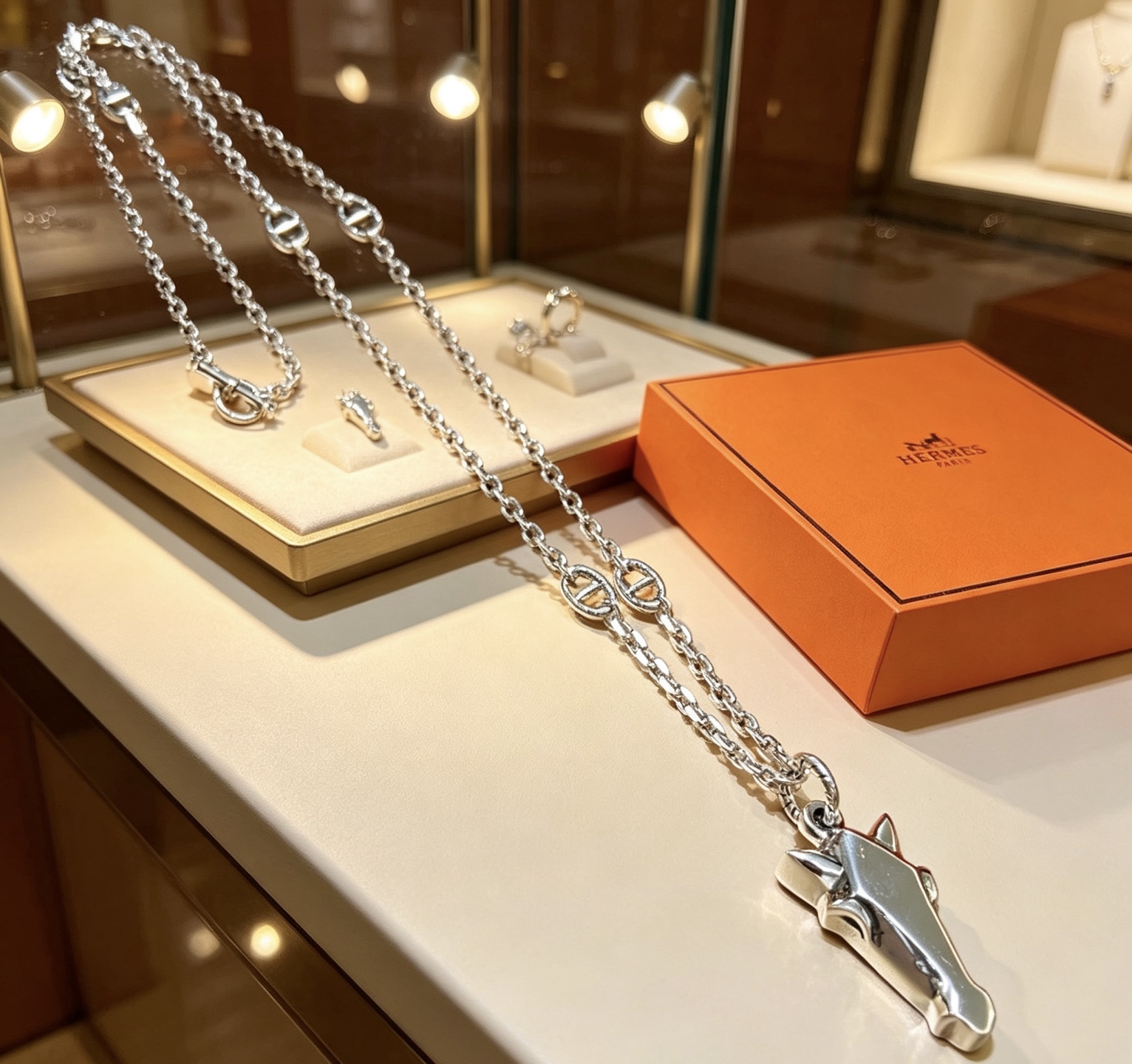 エルメス ホースヘッド ペンダント ロングチェーンネックレス シルバー 詳細画像 1