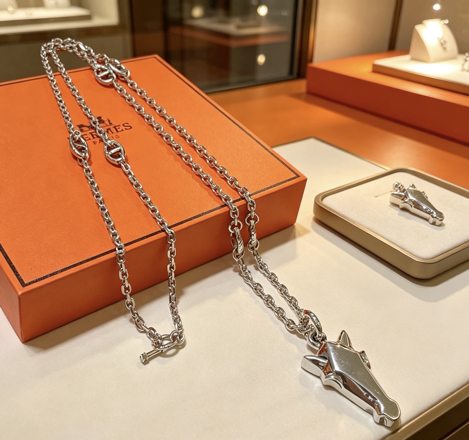 エルメス ホースヘッド ペンダント ロングチェーンネックレス シルバー 詳細画像 2
