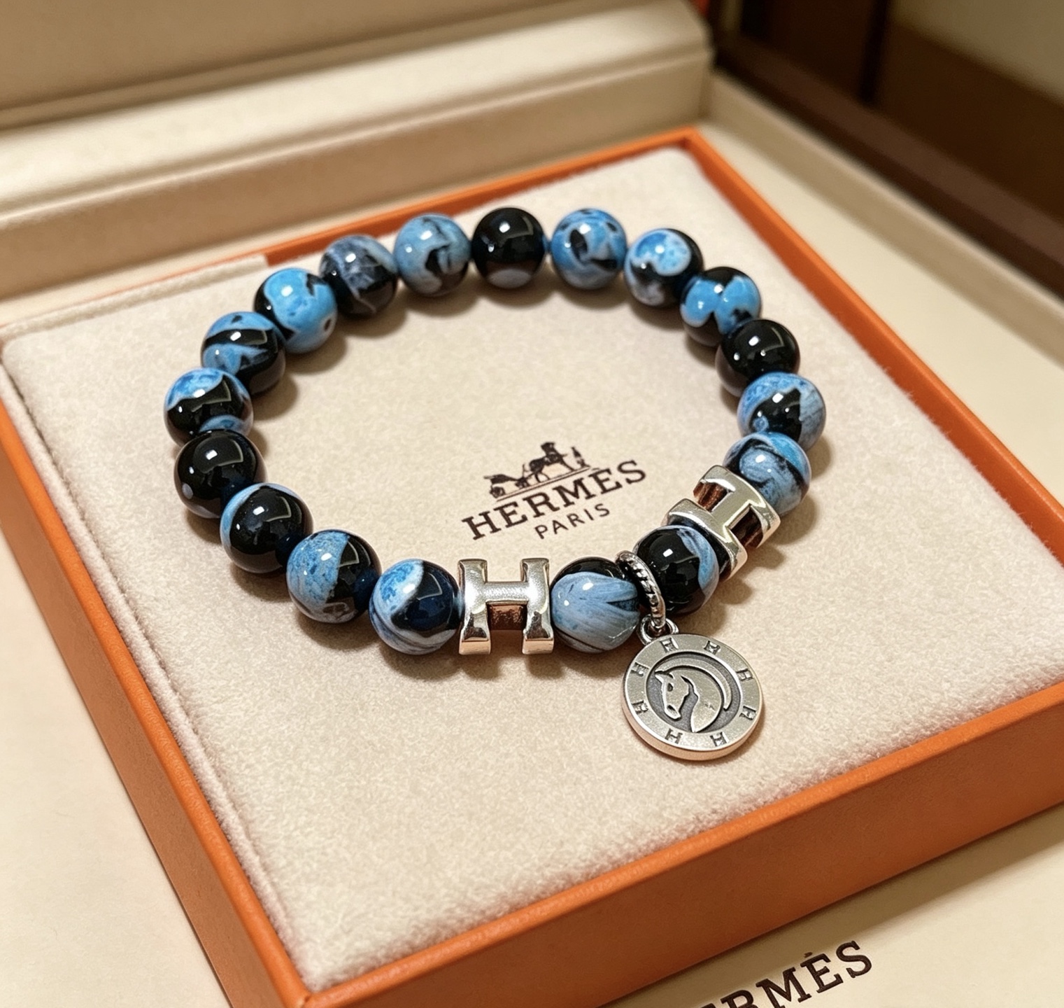 エルメス Hモチーフ アゲートビーズ ブレスレット ブルー ブラック 詳細画像 1