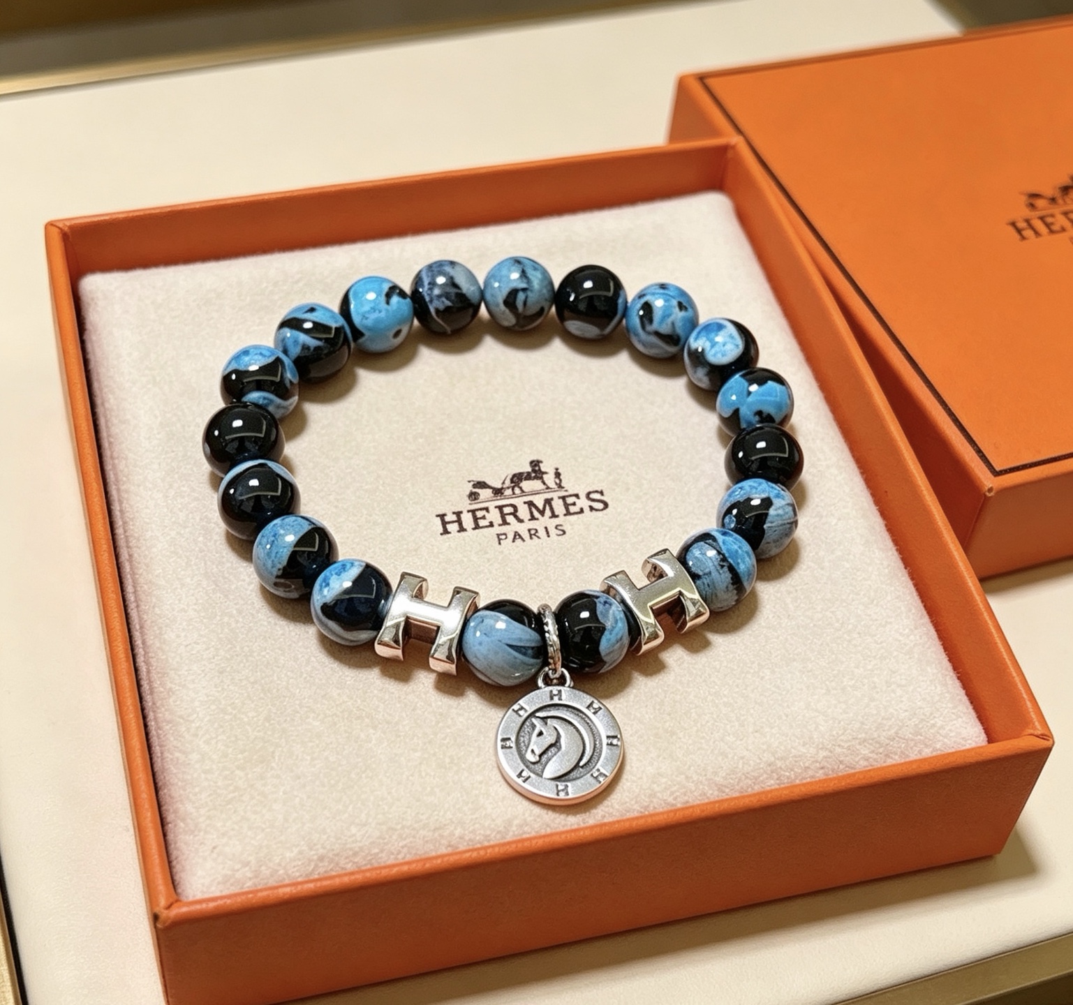 エルメス Hモチーフ アゲートビーズ ブレスレット ブルー ブラック 詳細画像 2