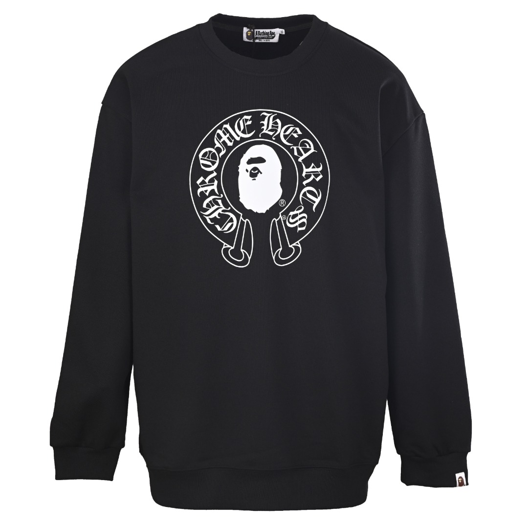 クロムハーツ x BAPE エイプヘッド ロゴプリント クルーネック スウェット ブラック ホワイト 詳細画像 1