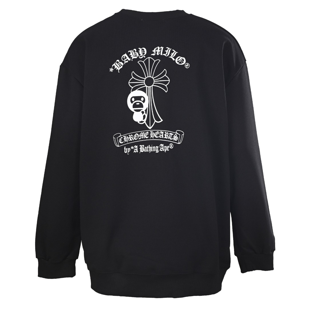 クロムハーツ x BAPE エイプヘッド ロゴプリント クルーネック スウェット ブラック ホワイト 詳細画像 3