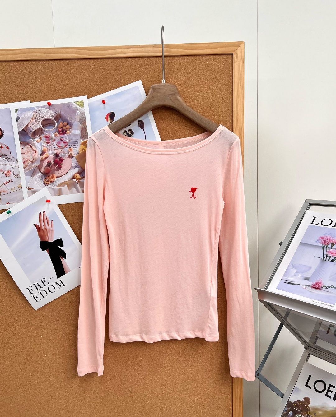 アミ ハート刺繍 シアー ロングスリーブTシャツ ピーチピンク 詳細画像 1