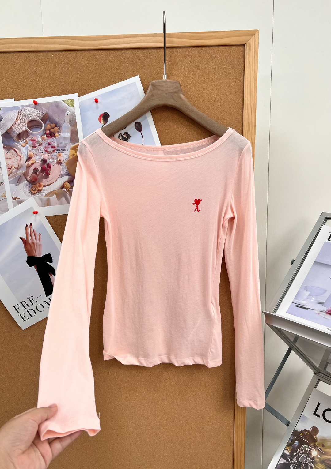 アミ ハート刺繍 シアー ロングスリーブTシャツ ピーチピンク 詳細画像 3