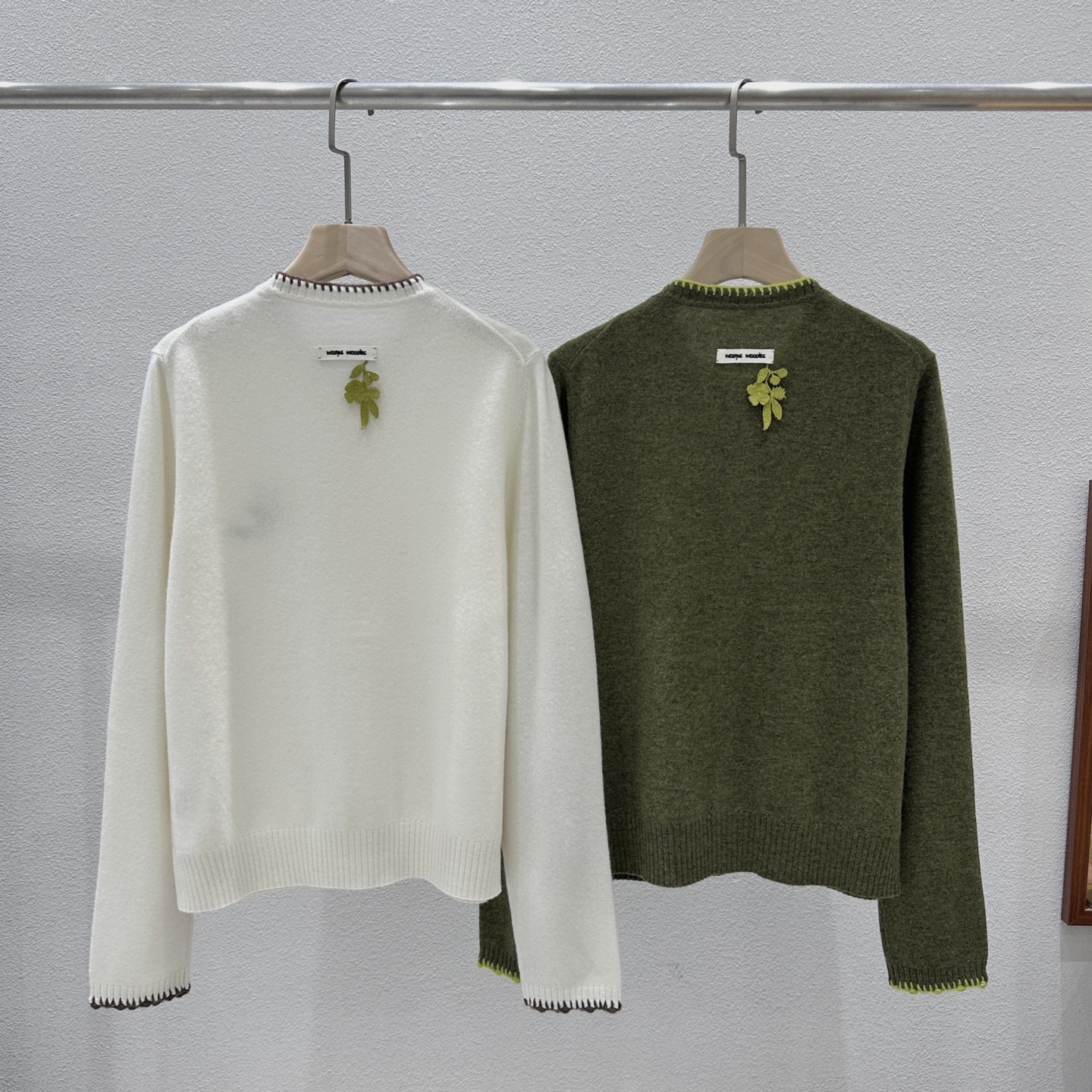 配色ハンドクロシェ縁取り 刺繍カシミヤカーディガン グリーン ホワイト 詳細画像 2