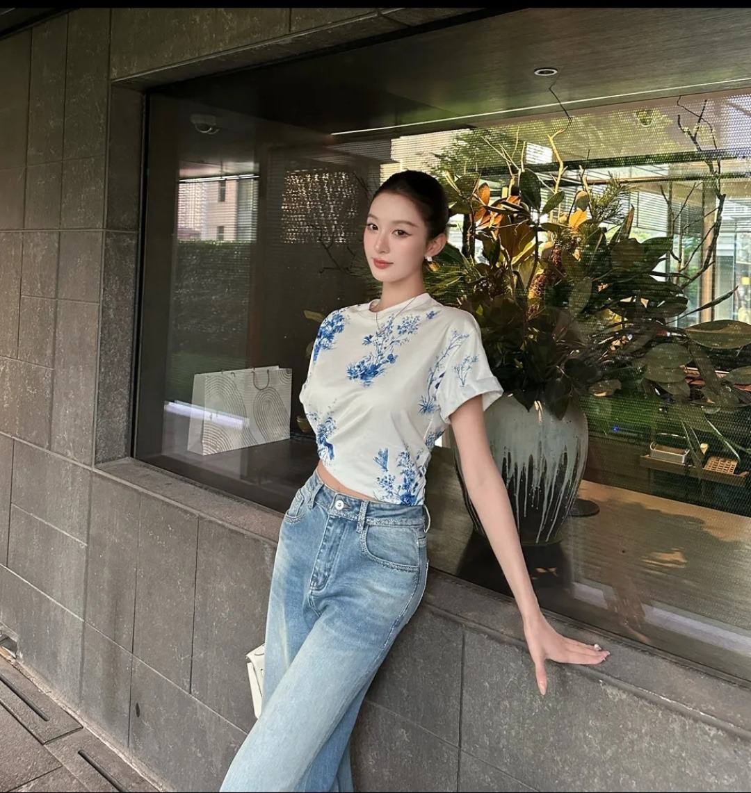 ディオール 青花柄 花鳥プリント Tシャツ ブルーホワイト
