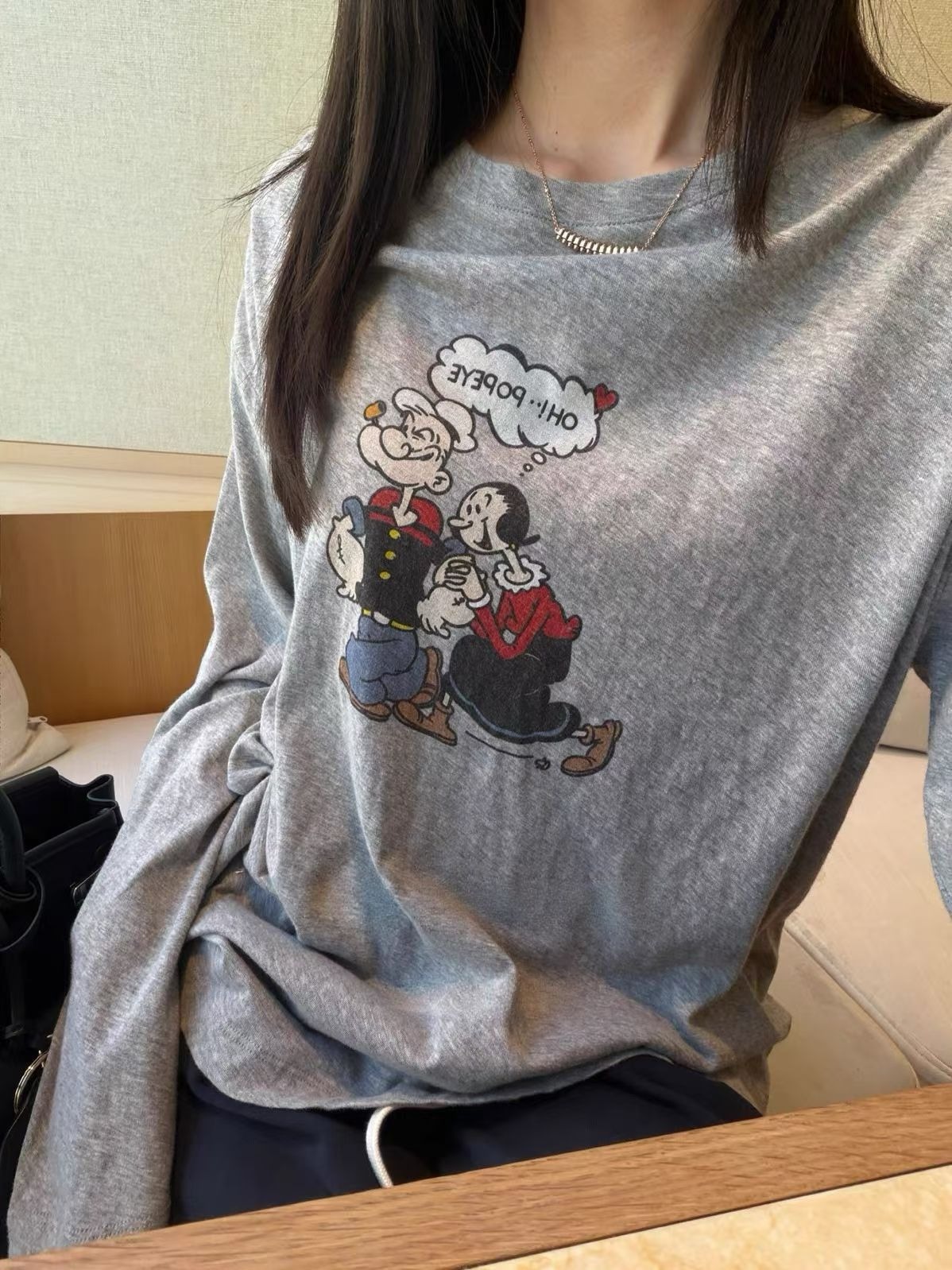 配色グラフィックプリント 長袖Tシャツ グレー ホワイト