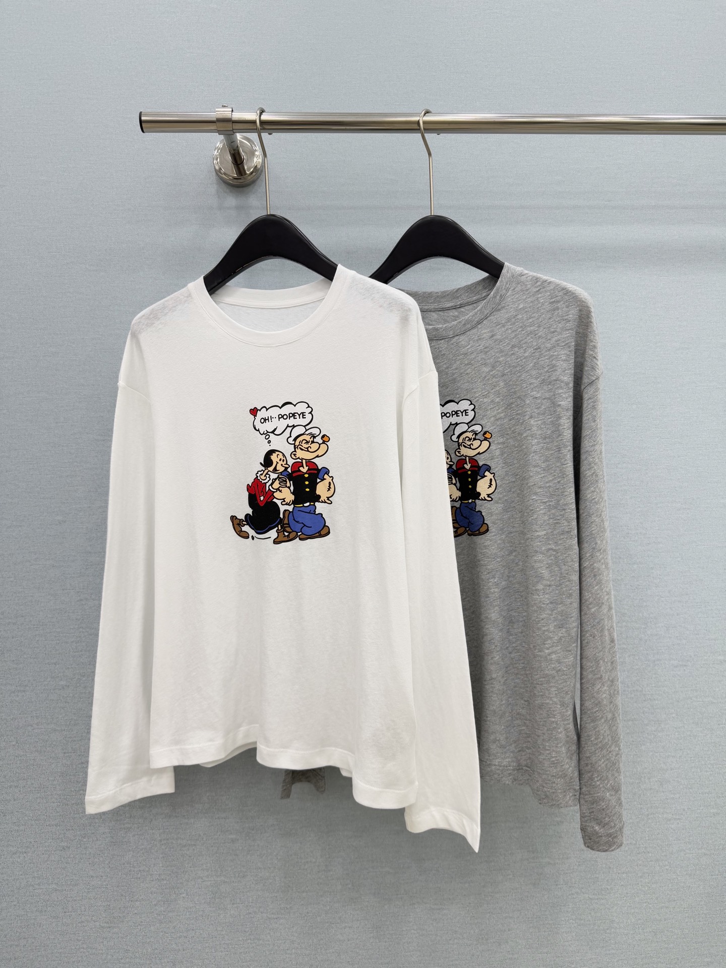 配色グラフィックプリント 長袖Tシャツ グレー ホワイト 詳細画像 1