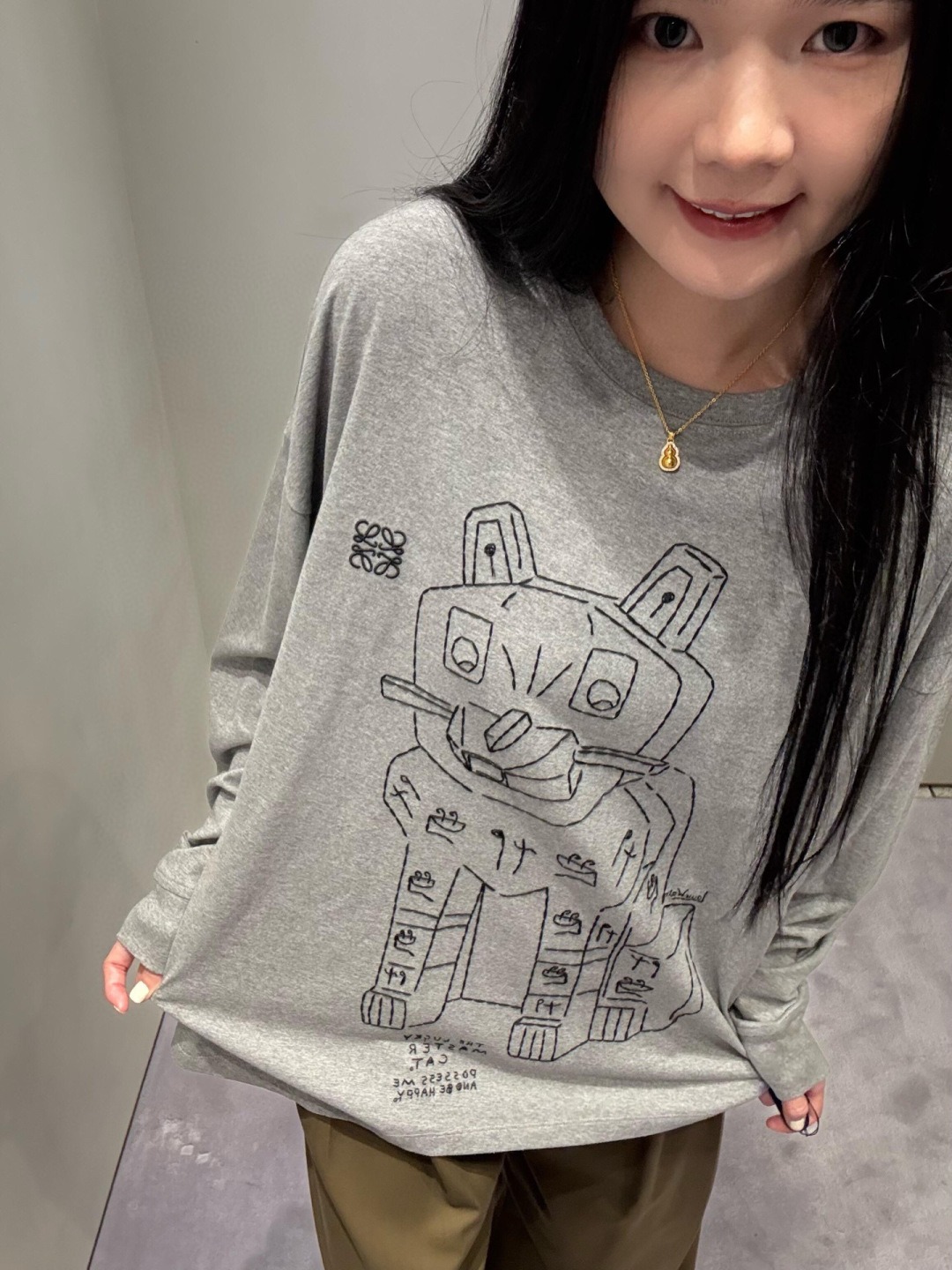 ロエベ x ルイス・ウェイン Lucky Cat 長袖Tシャツ グレー