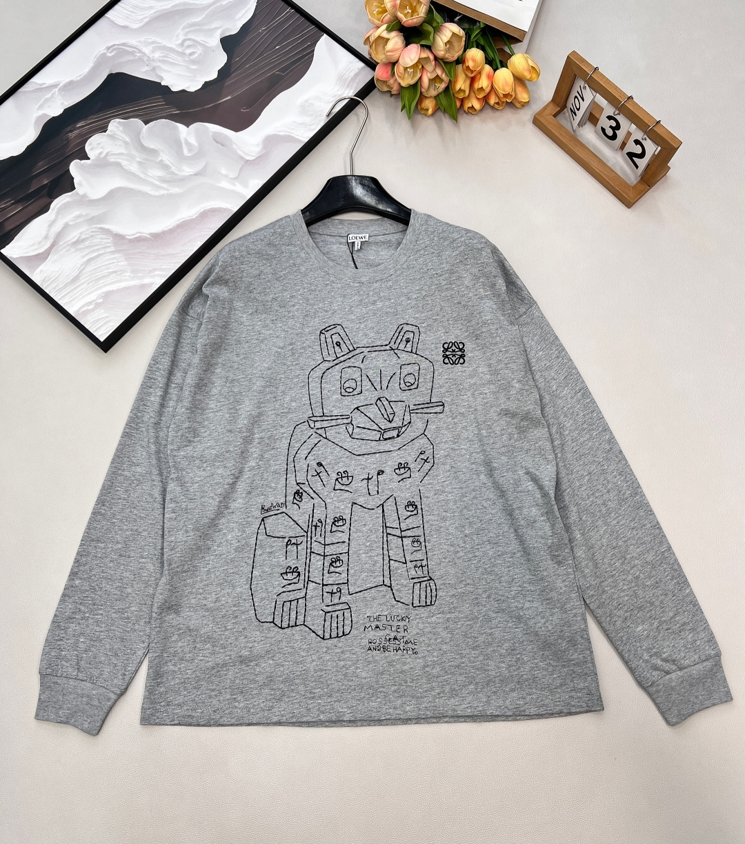 ロエベ x ルイス・ウェイン Lucky Cat 長袖Tシャツ グレー 詳細画像 1