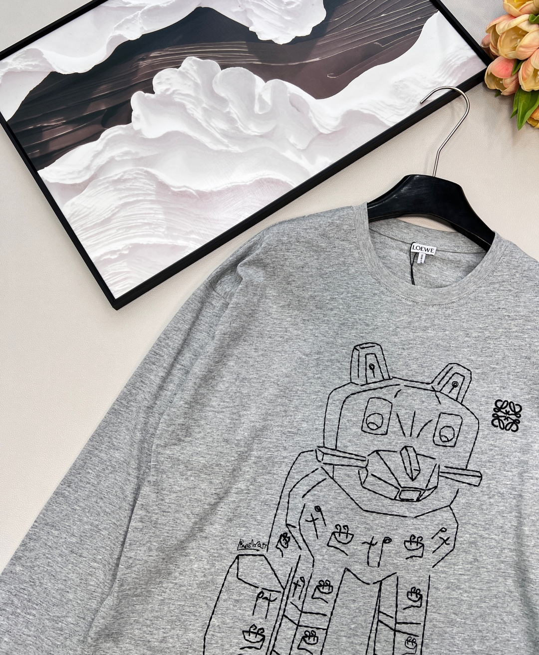 ロエベ x ルイス・ウェイン Lucky Cat 長袖Tシャツ グレー 詳細画像 3