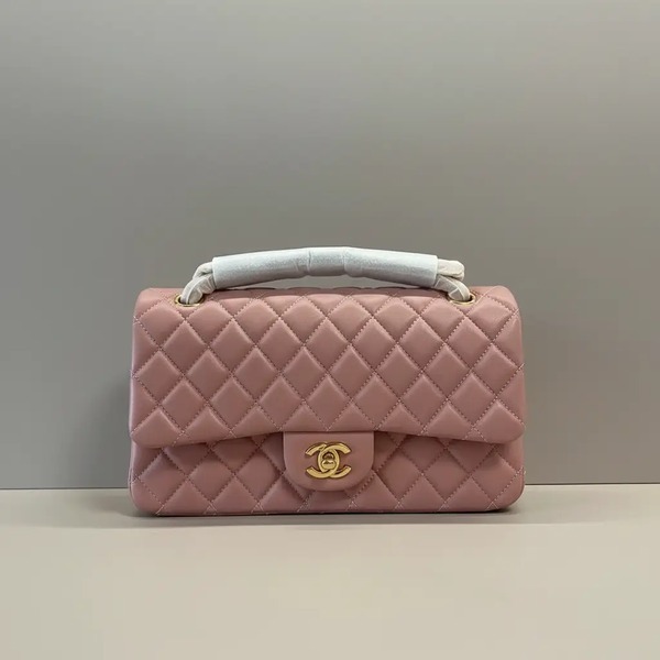 シャネル クラシックフラップ ダイヤモンドキルト チェーンショルダーバッグ 25cm ピンク ゴールド金具