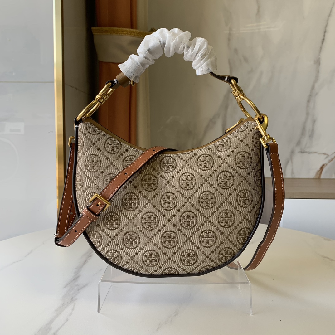 トリーバーチ T Monogram ミニ ジャカード クレセントバッグ ベージュ ブラウン 詳細画像 1