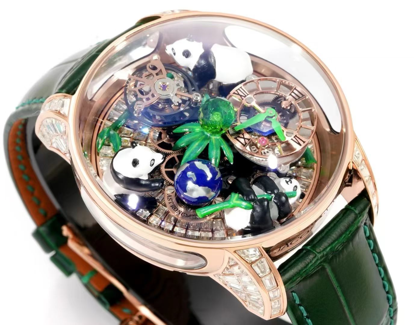 ジェイコブ Astronomia Art Pandas RM3 トゥールビヨン ウォッチ ローズゴールド ダイヤケース グリーンレザーストラップ 詳細画像 3