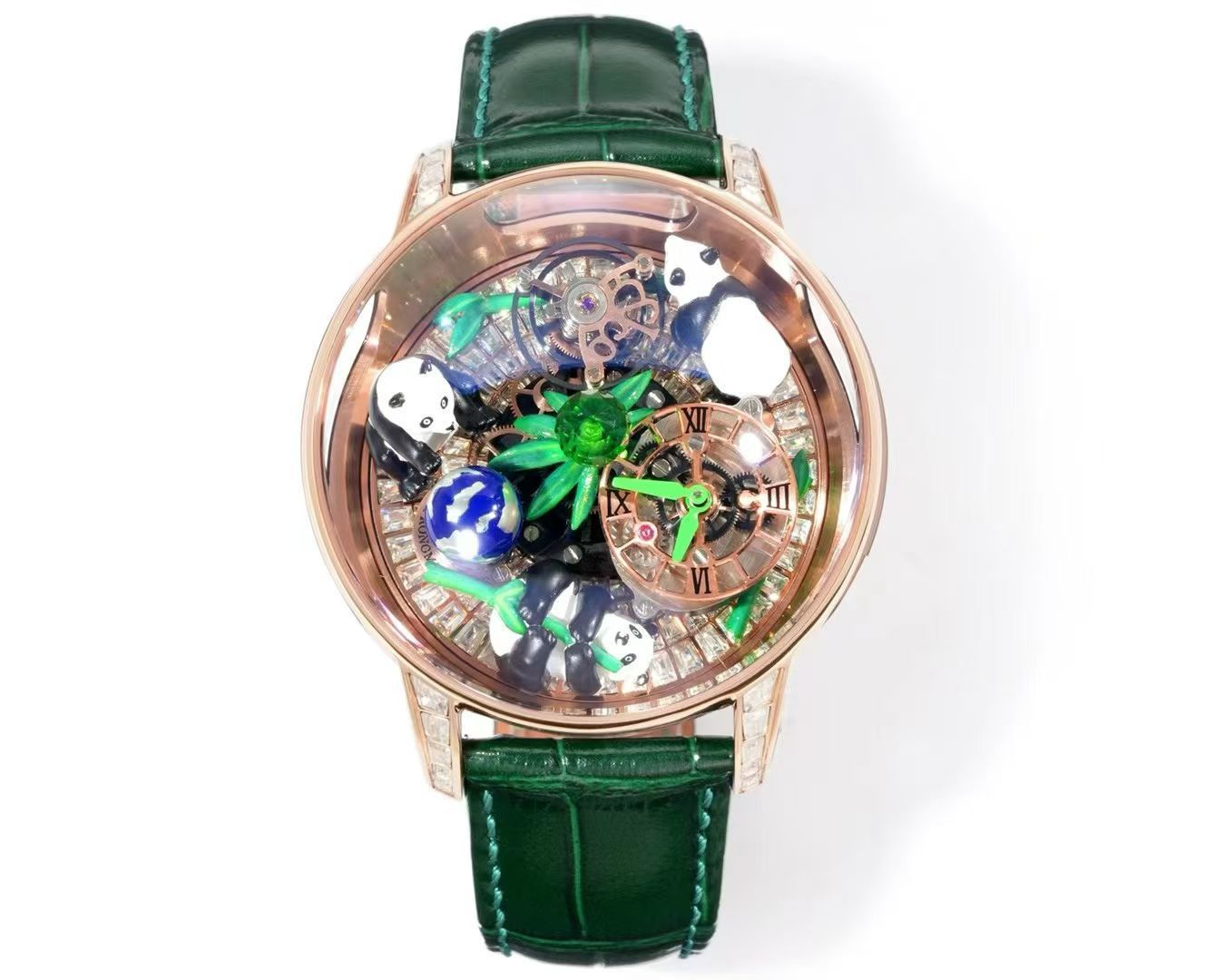ジェイコブ Astronomia Art Pandas RM3 トゥールビヨン ウォッチ ローズゴールド ダイヤケース グリーンレザーストラップ 詳細画像 1