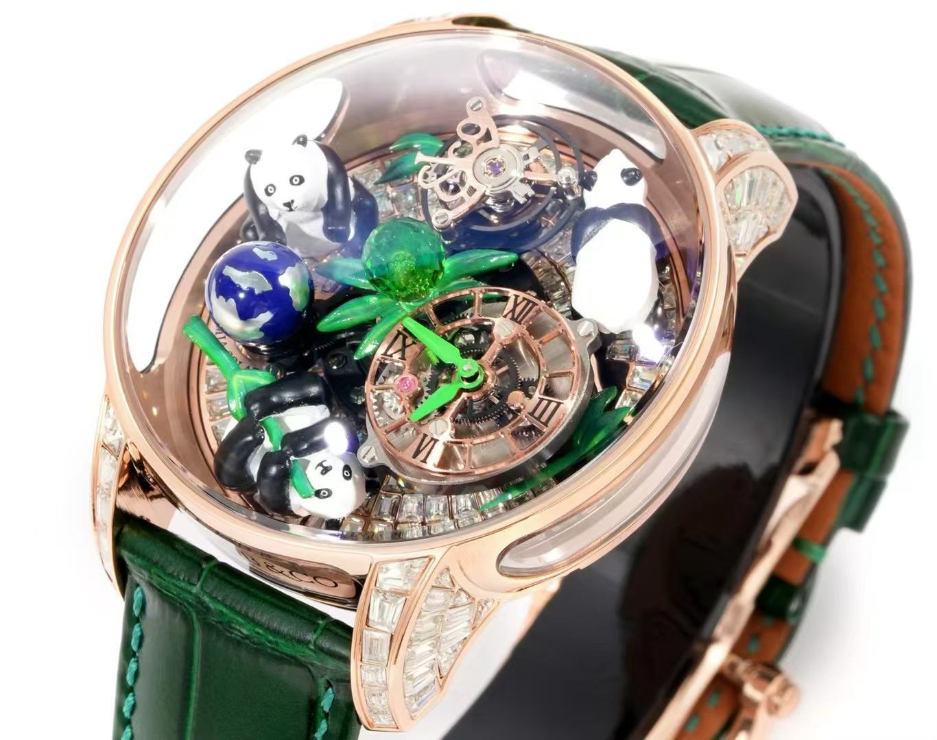 ジェイコブ Astronomia Art Pandas RM3 トゥールビヨン ウォッチ ローズゴールド ダイヤケース グリーンレザーストラップ 詳細画像 2