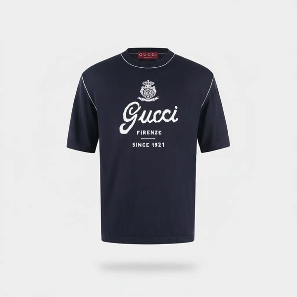 グッチ ジャカードニット 半袖トップス ネイビー