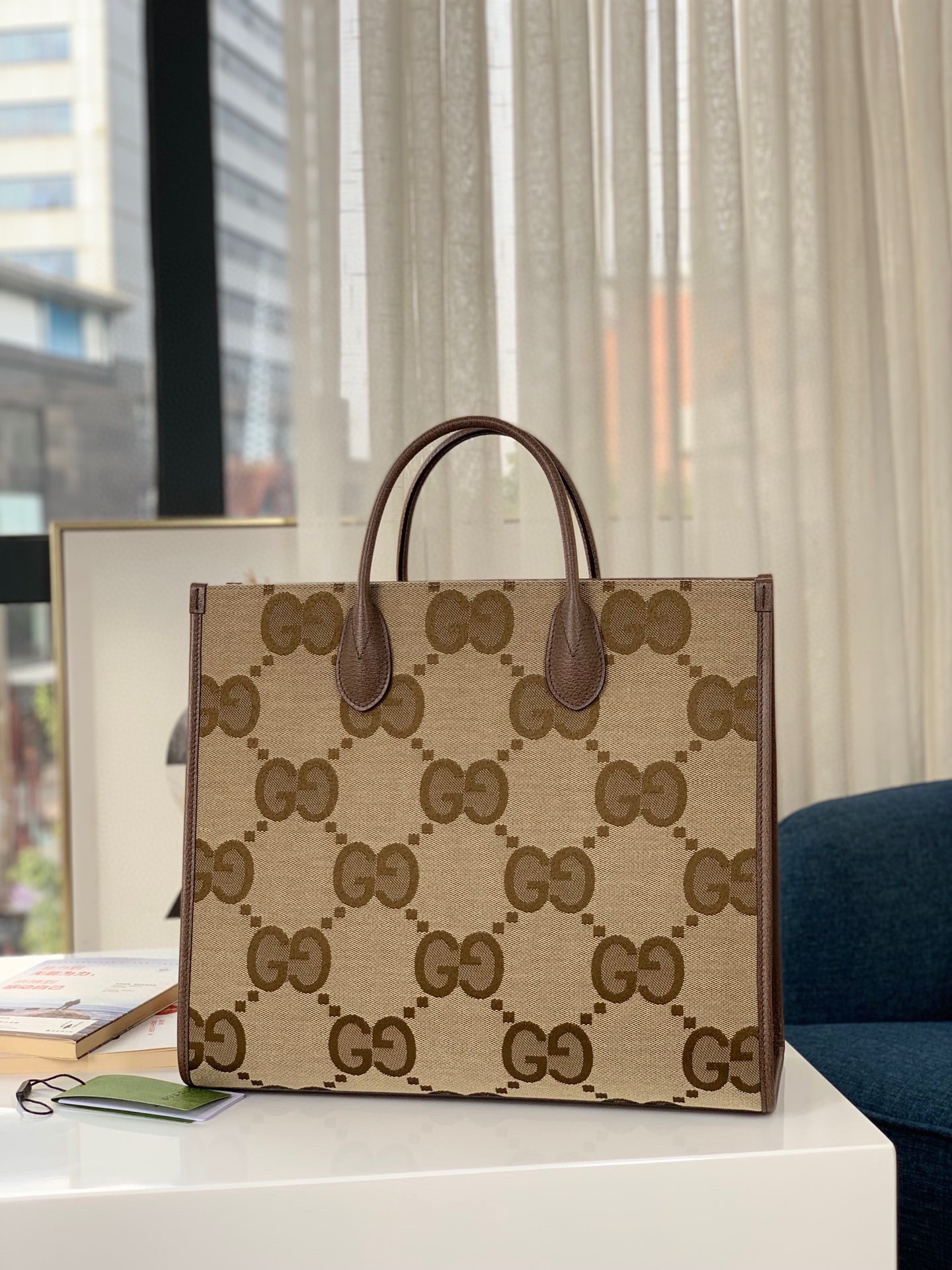 グッチ ダブルG柄 キャンバス トートバッグ キャメル エボニー 詳細画像 1