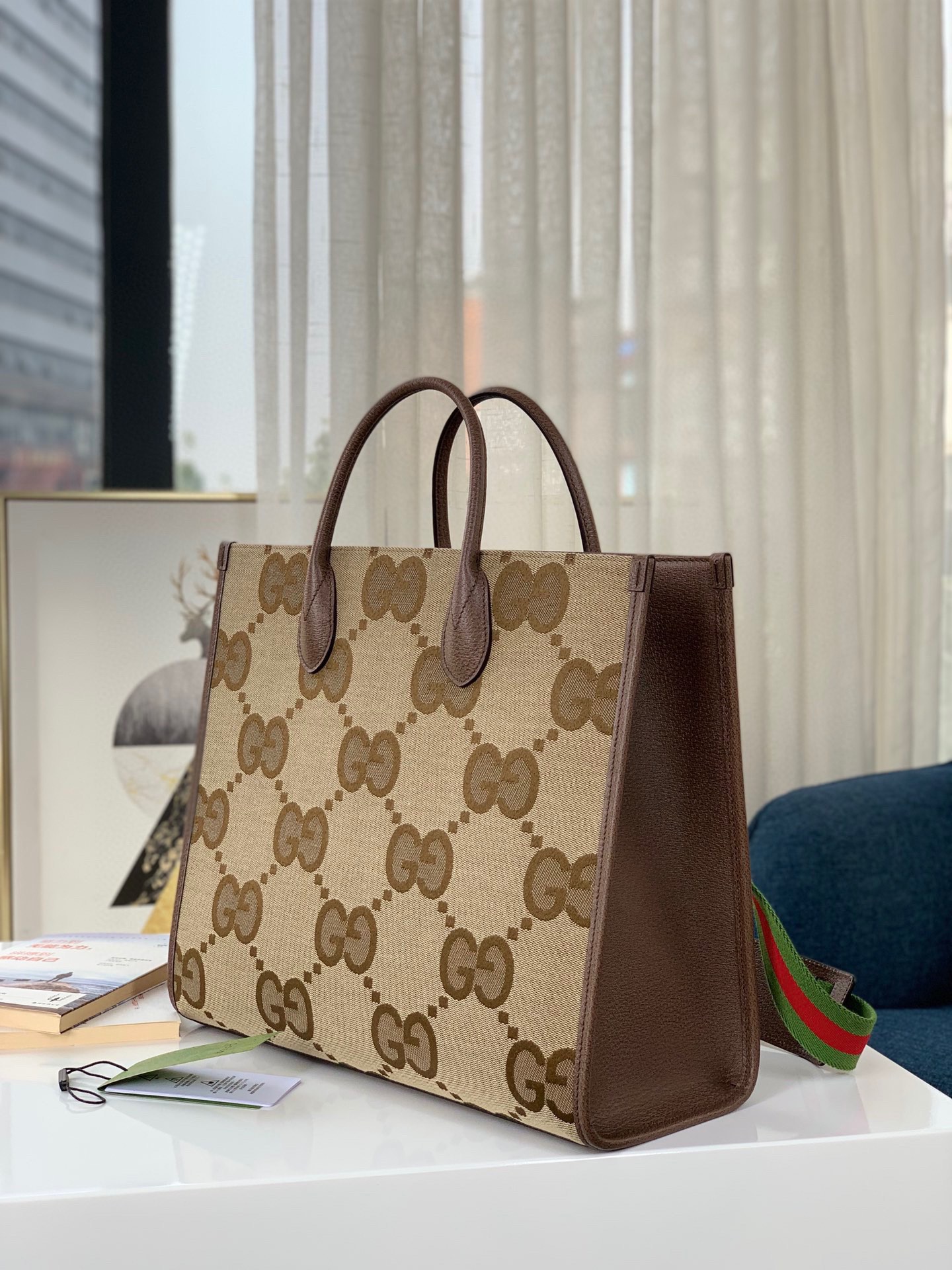 グッチ ダブルG柄 キャンバス トートバッグ キャメル エボニー 詳細画像 2
