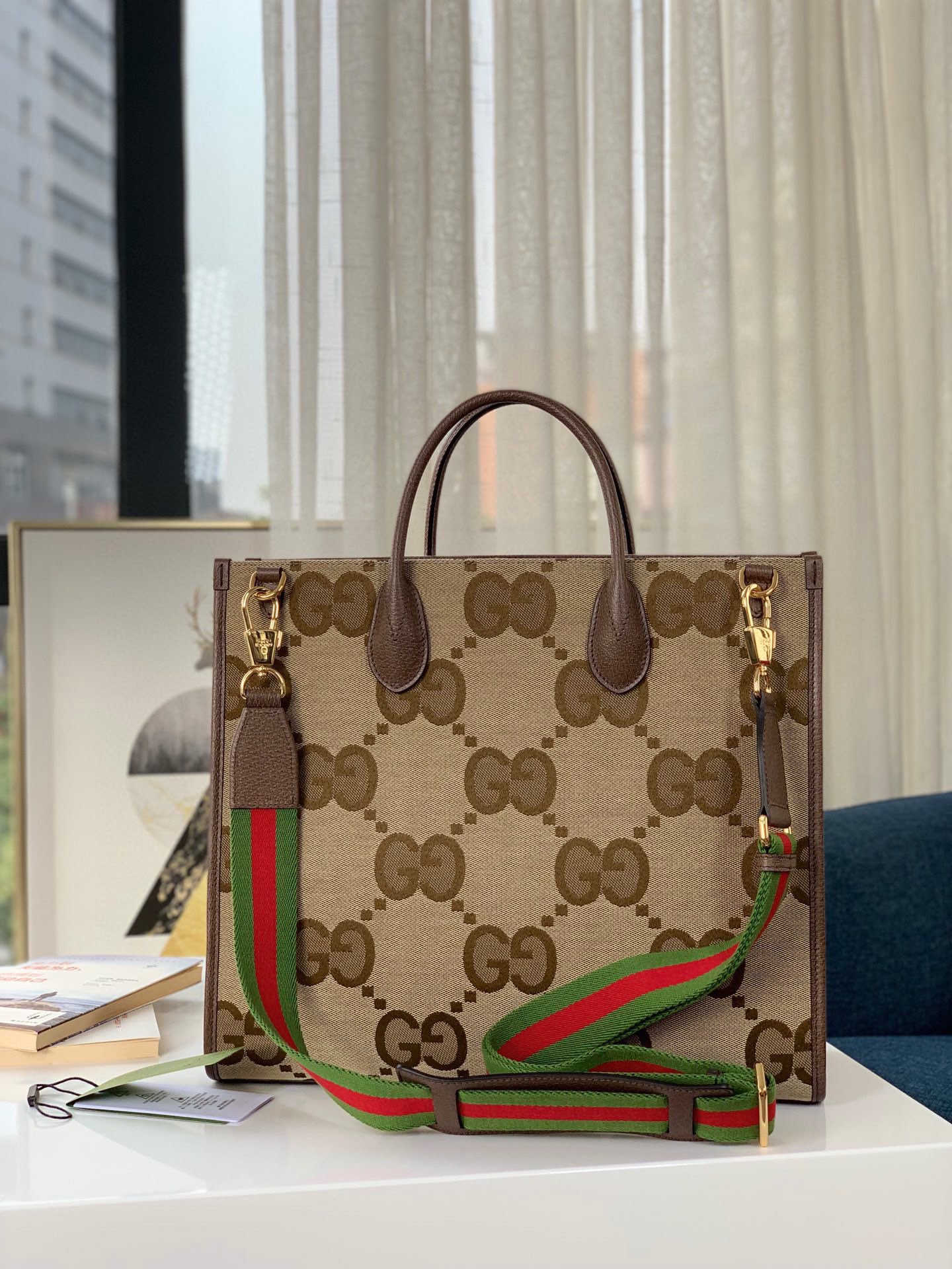 グッチ ダブルG柄 キャンバス トートバッグ キャメル エボニー 詳細画像 3