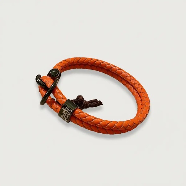 エルメス 編み込みレザー ダブルラップ ブレスレット オレンジ