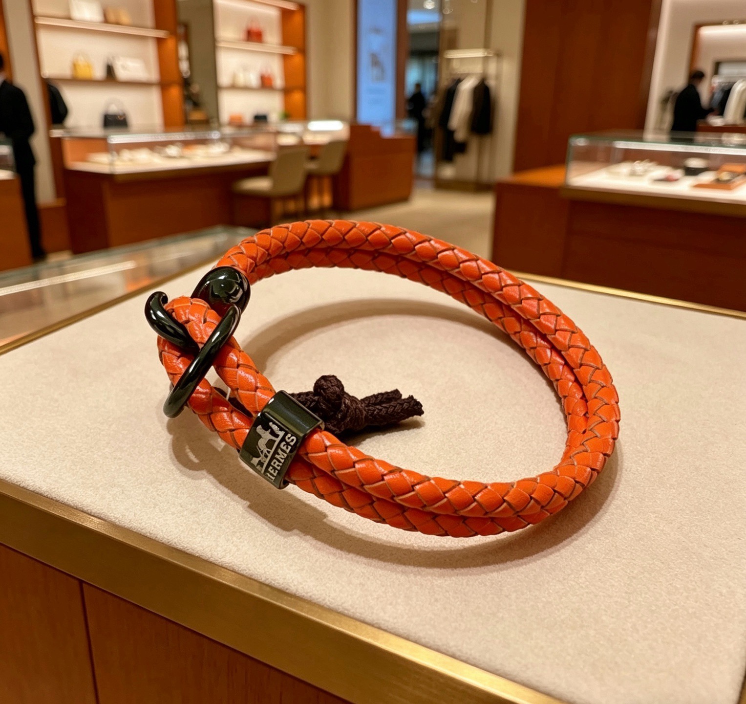 エルメス 編み込みレザー ダブルラップ ブレスレット オレンジ 詳細画像 1