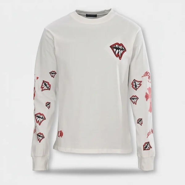 クロムハーツ 梵字 トゥース レザーパッチ 長袖Tシャツ ブラック ホワイト