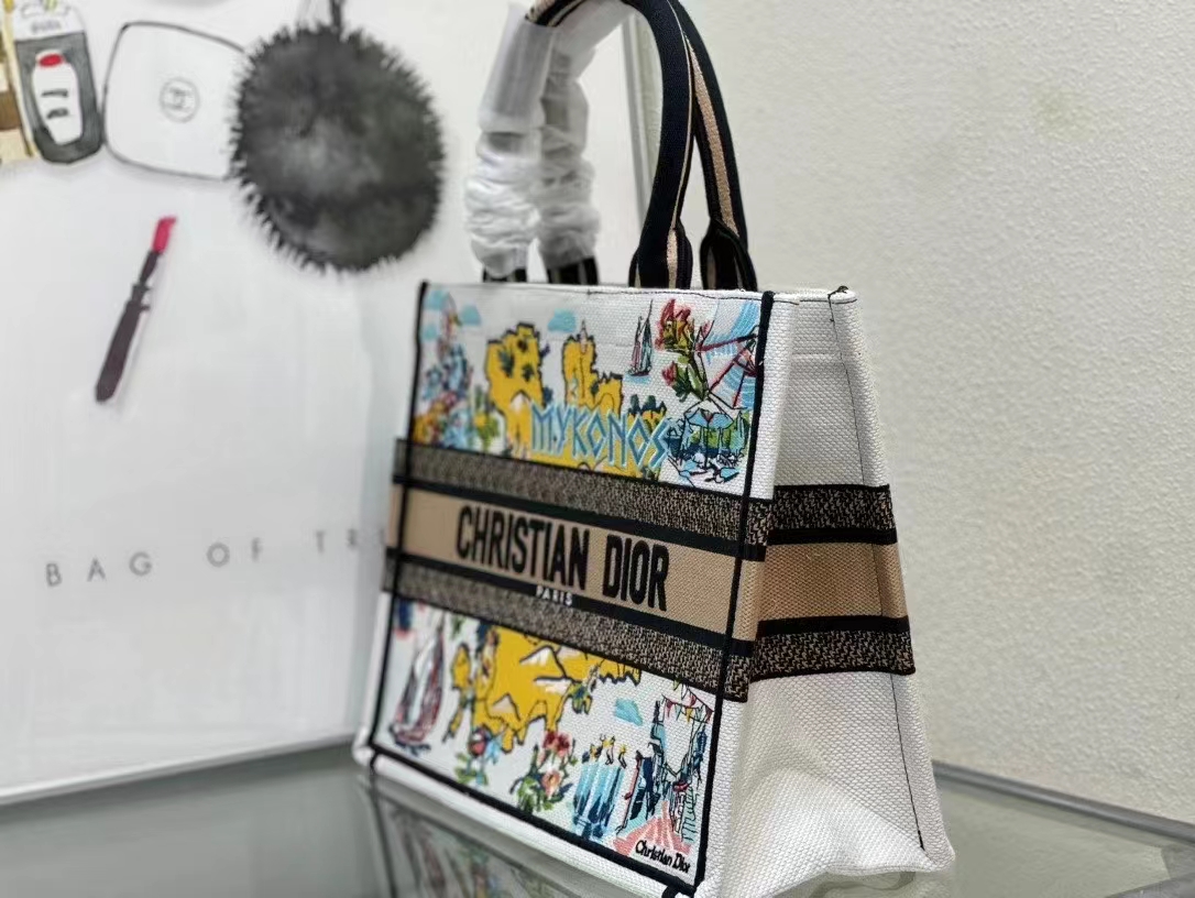 ディオール Book Tote ミディアム ミコノス刺繡 ホワイト マルチカラー 詳細画像 2