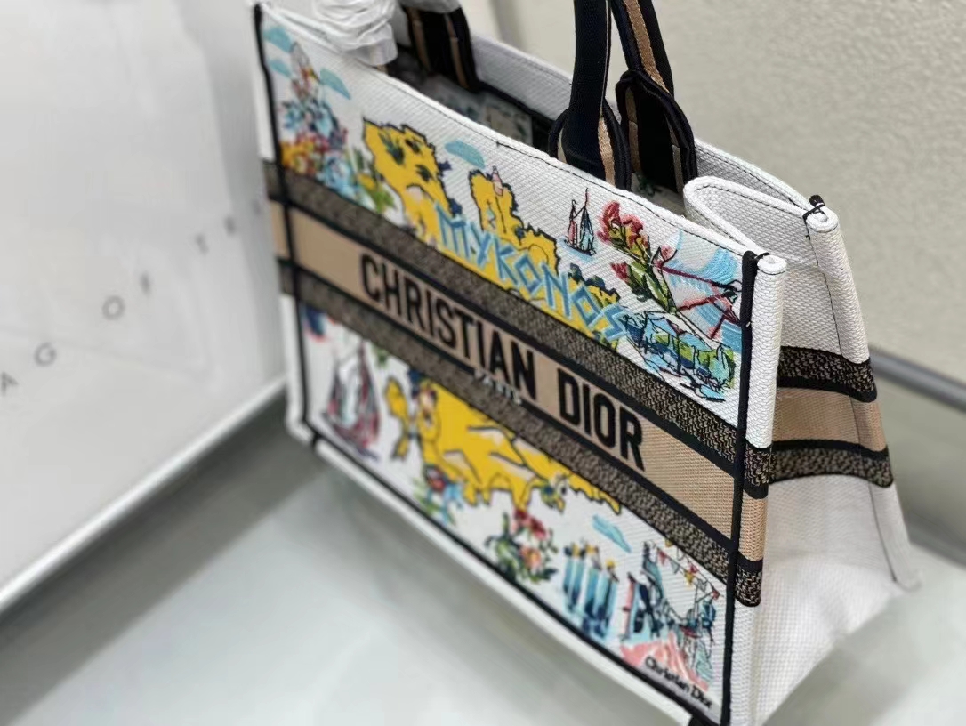 ディオール Book Tote ミディアム ミコノス刺繡 ホワイト マルチカラー 詳細画像 3